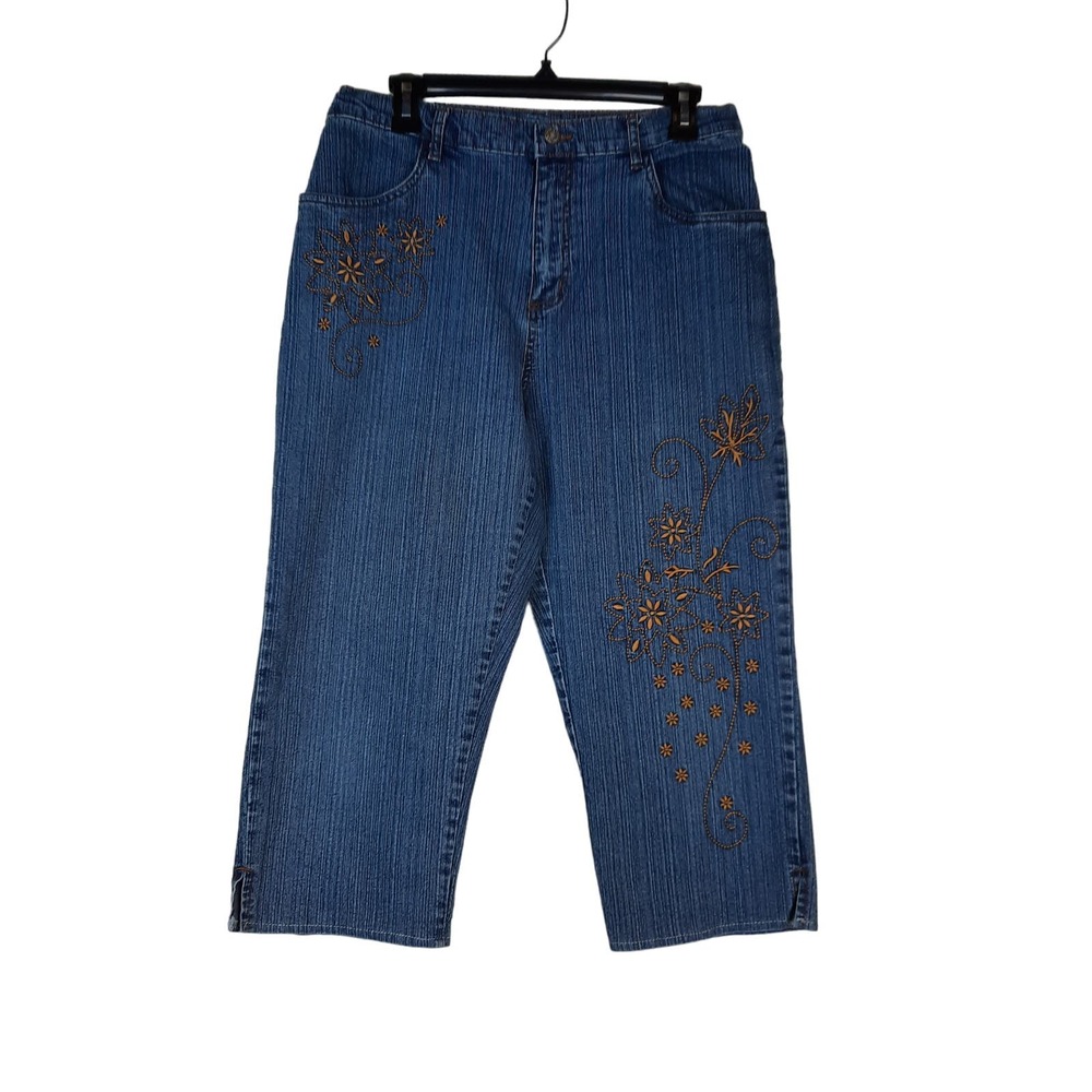 BILL BLASS JEANS STRETCH WOMEN'S 10 BLUE HIGH-RISE EMBROIDERED CAPRI‎ BUTTON ZIP